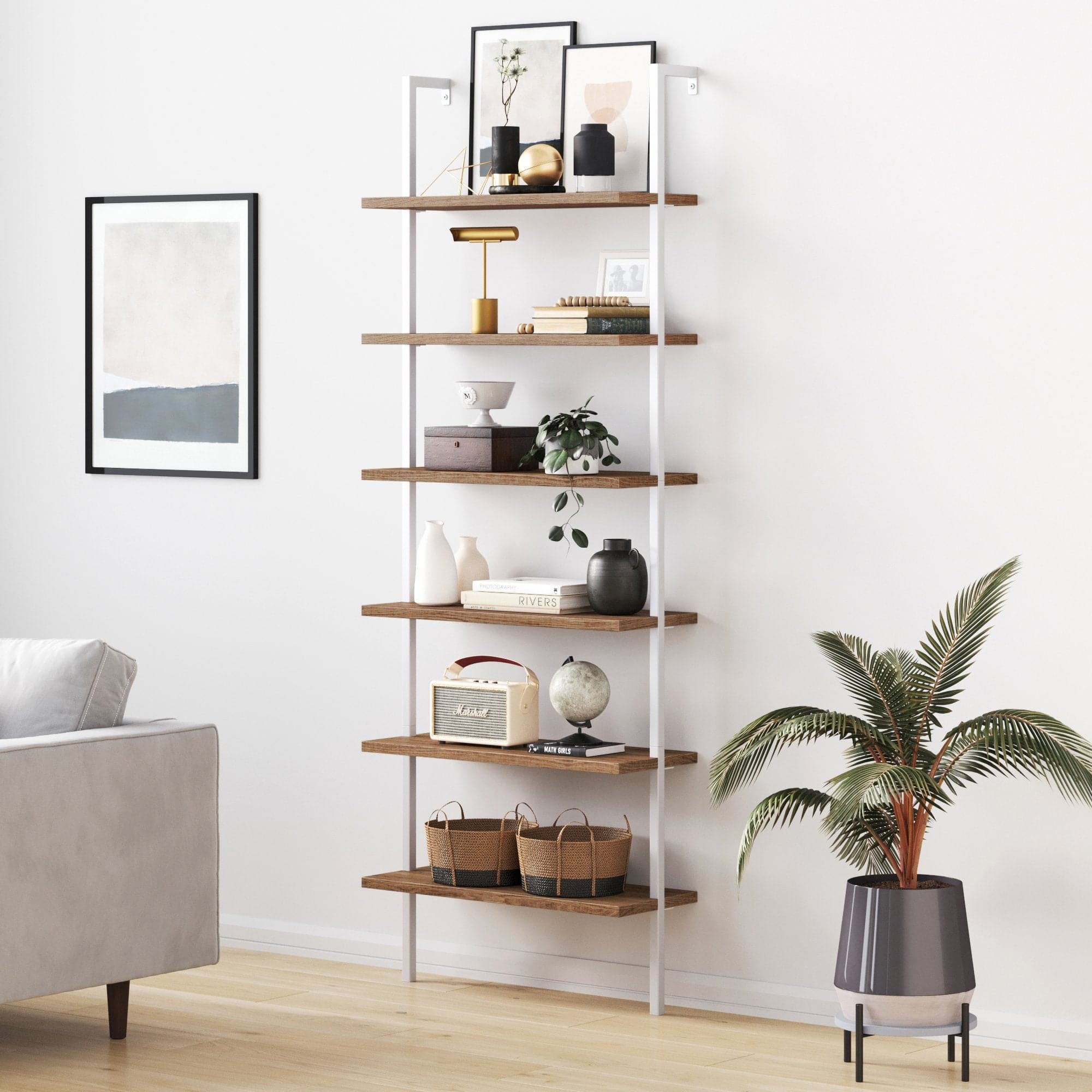 6-Shelf Ladder Bookshelf Oak Matte White